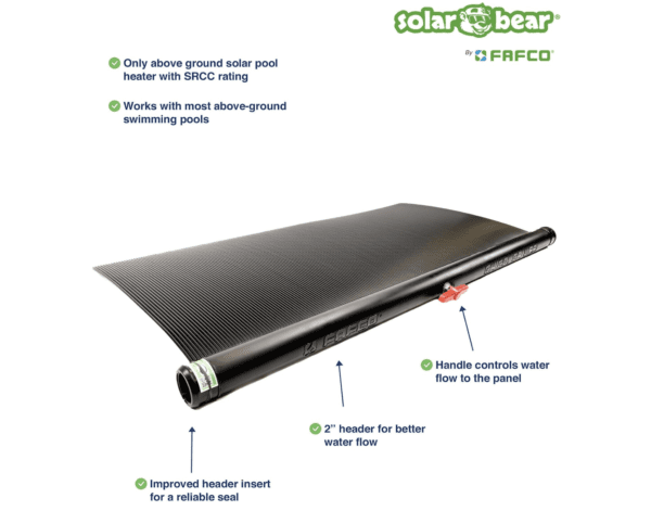 A FAFCO Original Solar Bear - Solar Pool Heater for Above-Ground Pools, Universal, with Starter Kit with a description of how to use it.